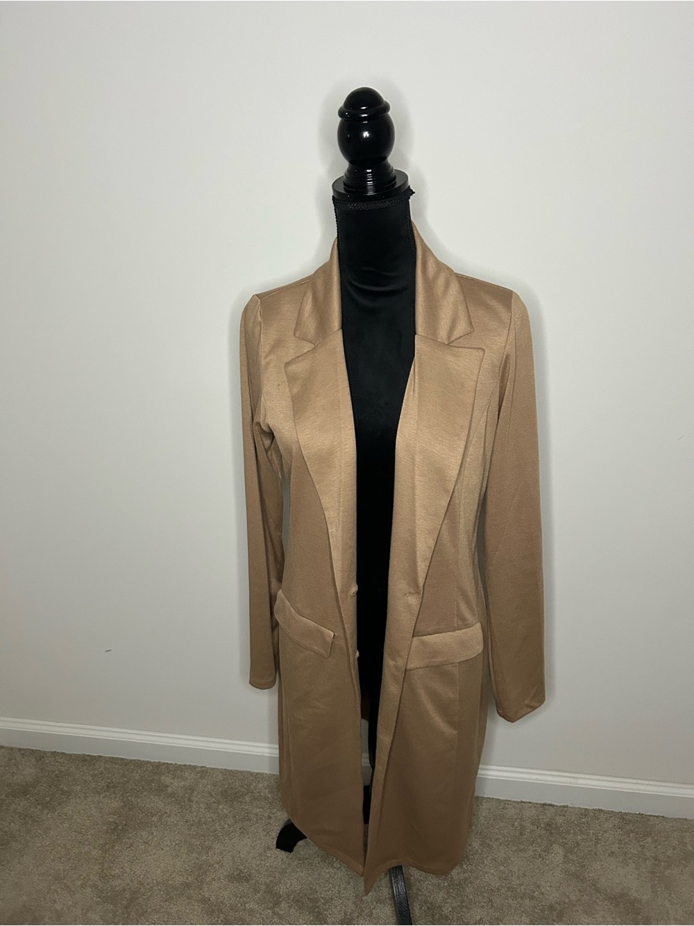 Women's Long Camel Open-Front Blazer Coat